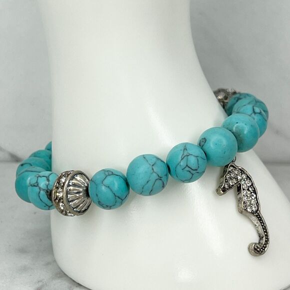 Faux Turquoise Beaded Rhinestone Seahorse Charm Stretch Bracelet - Picture 8 of 8